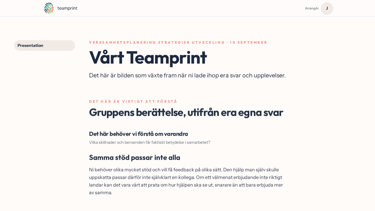 Vårt Teamprint med gruppens berättelse och konkreta upptäckter från en genomförd träff